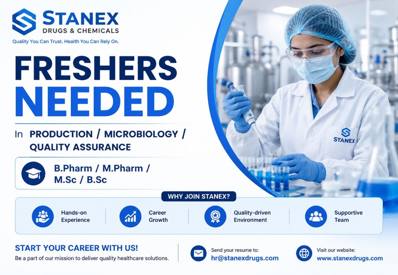 Freshers Needed In Production / Microbiology / Quality Assurance At Stanex Drugs and Chemicals