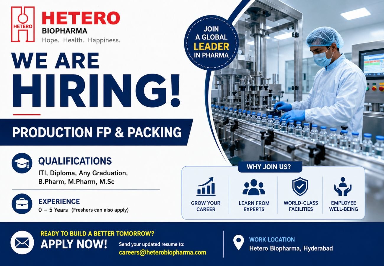 Hetero Biopharma Hiring For Production FP & Packing