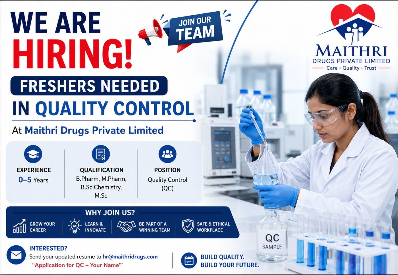 Freshers Needed In Quality Control At Maithri Drugs Private Limited