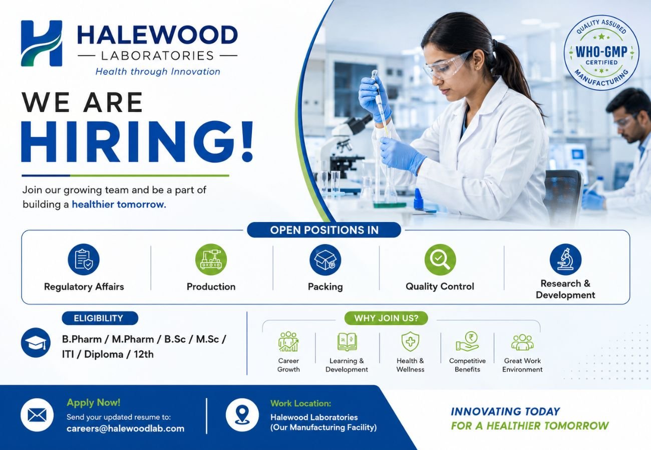 Halewood Laboratories Hiring For Regulatory Affairs / Production / Packing / Quality Control / Research & Development