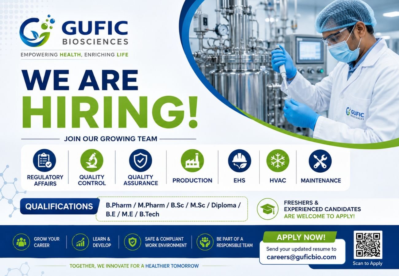 Gufic Biosciences Hiring For Regulatory Affairs / Quality Control / Quality Assurance / Production / EHS / HVAC / Maintenance