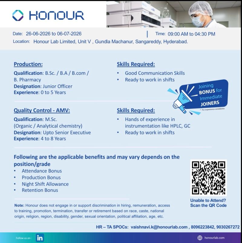 Freshers Needed In Production & Quality Control At Honour Lab Limited
