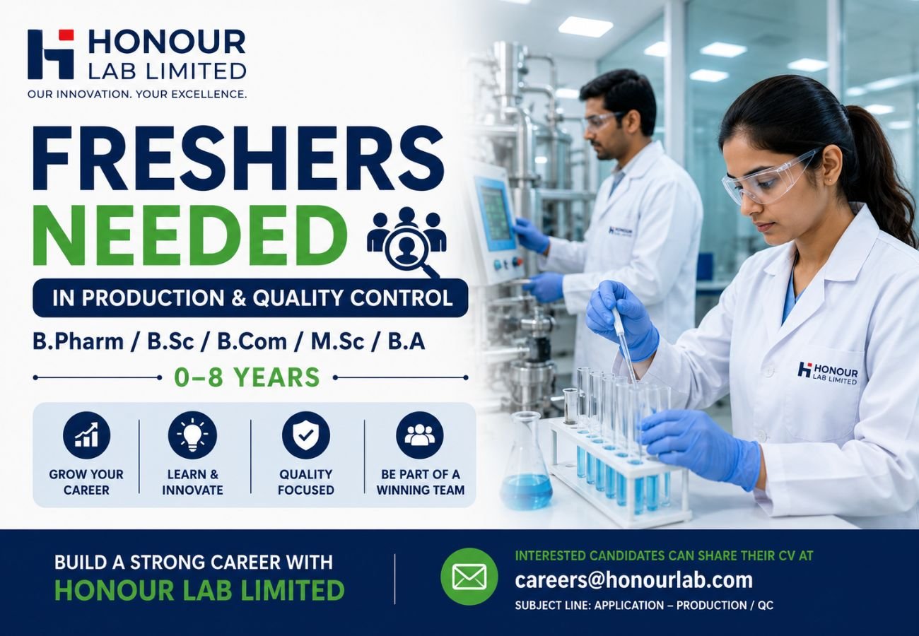 Freshers Needed In Production & Quality Control At Honour Lab Limited