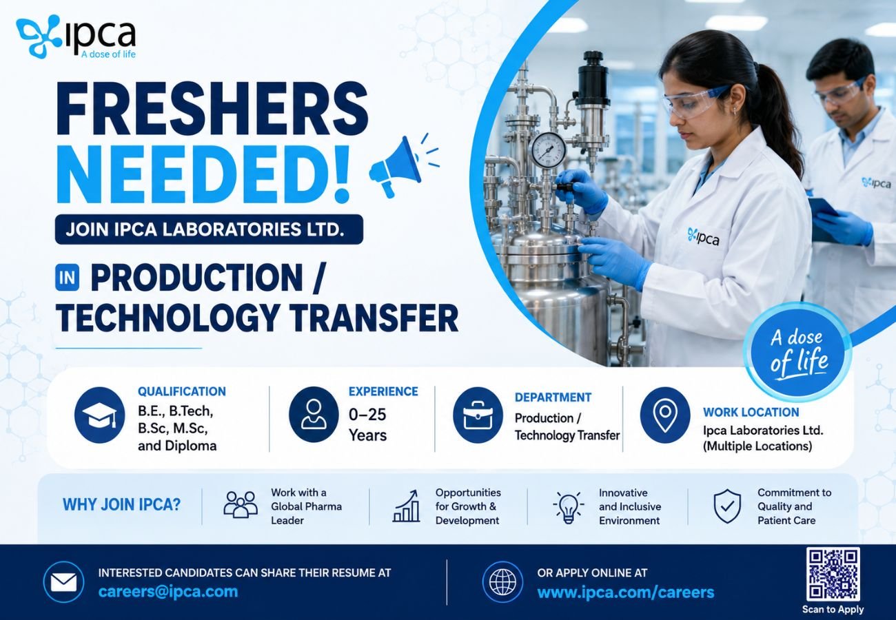 Freshers Needed In Production / Technology Transfer At Ipca Laboratories