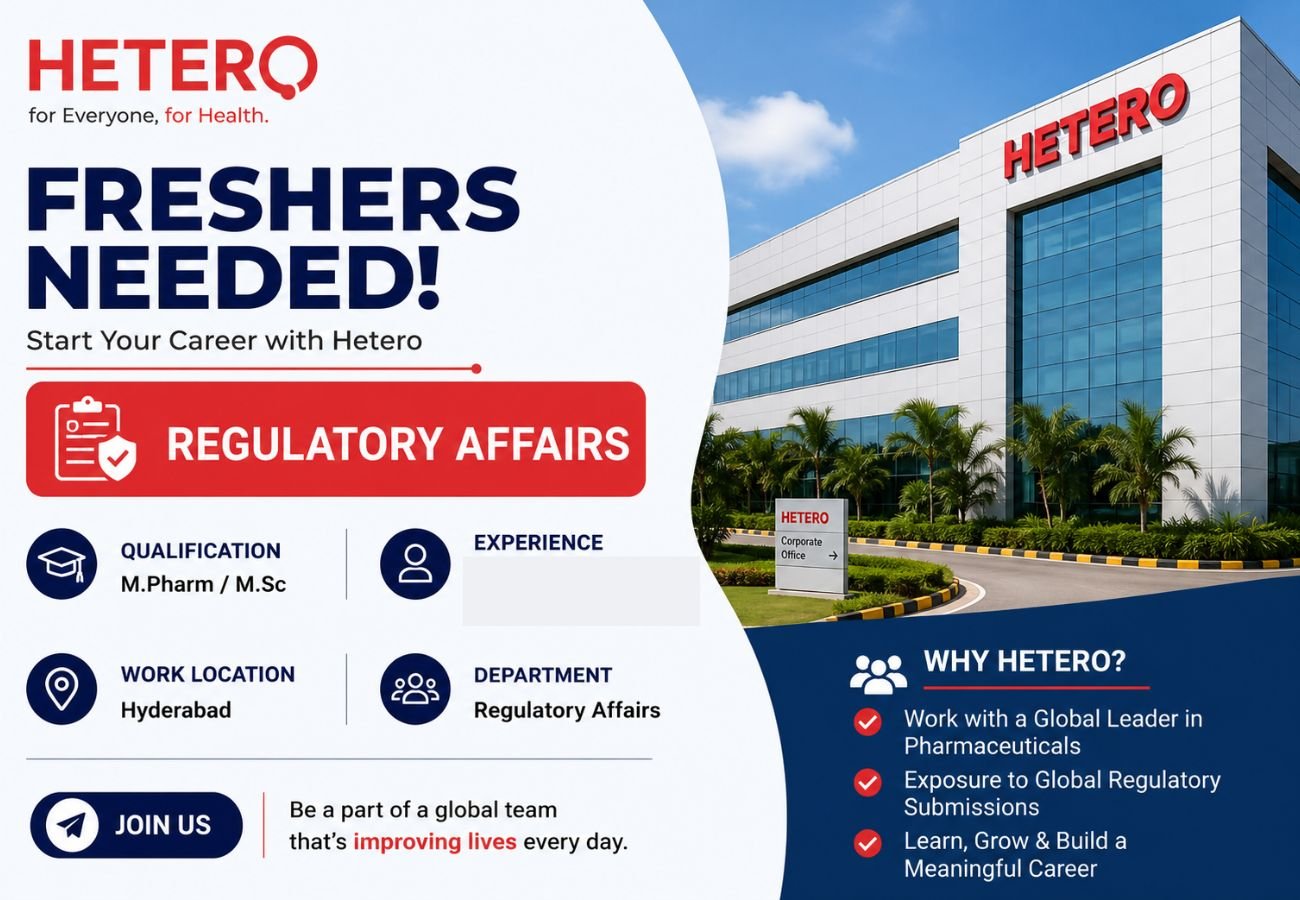 Freshers Needed In Regulatory Affairs At Hetero