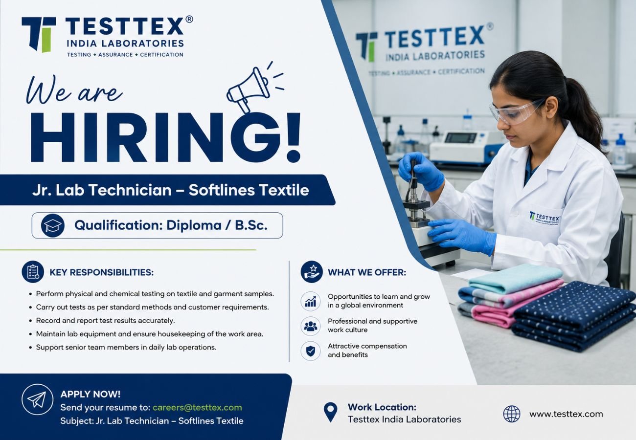 Testtex India Laboratories Hiring For Jr. Lab Technician – Softlines Textile