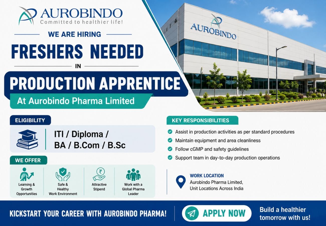 Freshers Needed In Production Apprentice At Aurobindo Pharma Limited