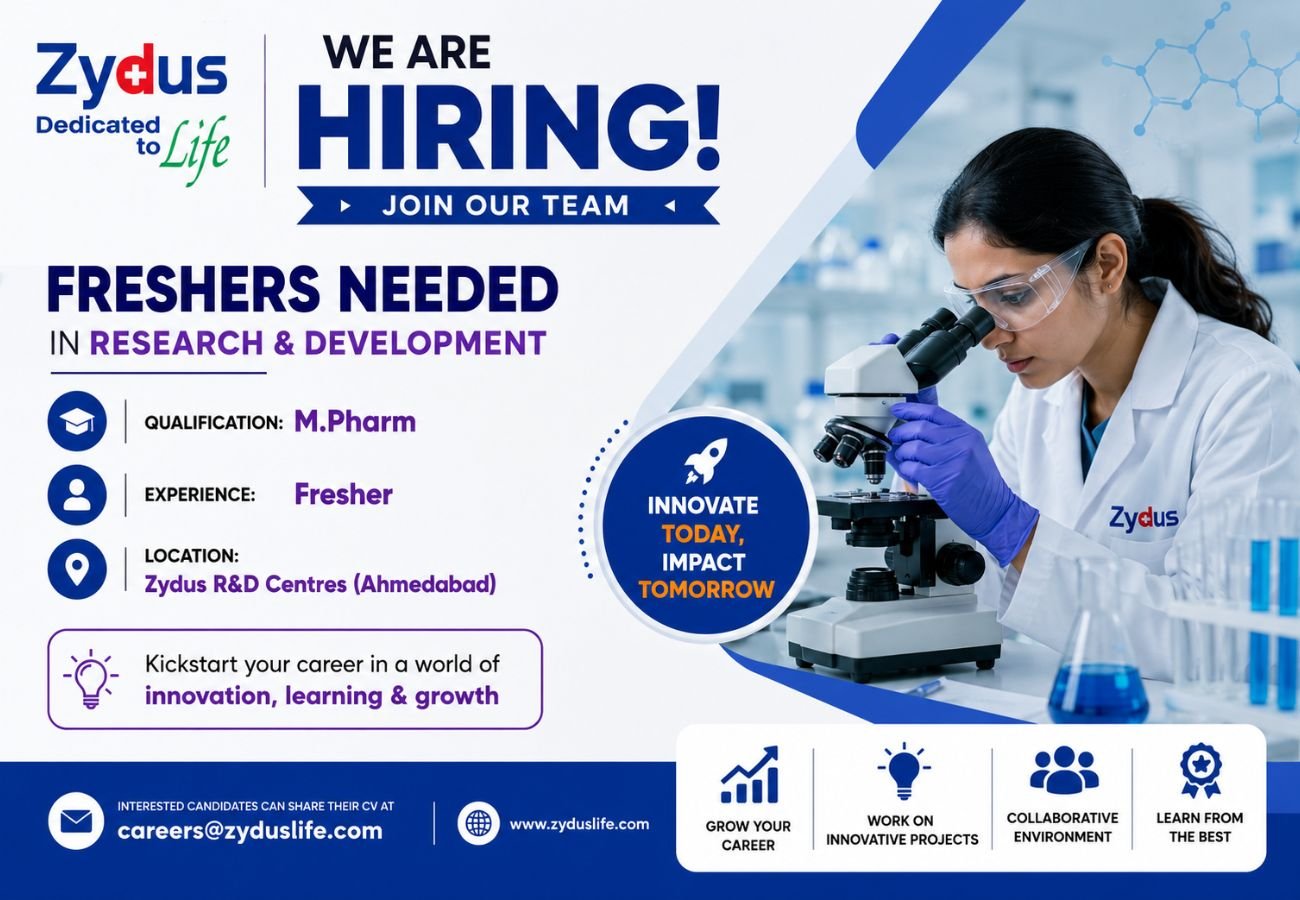 Freshers Needed In Research & Development At Zydus