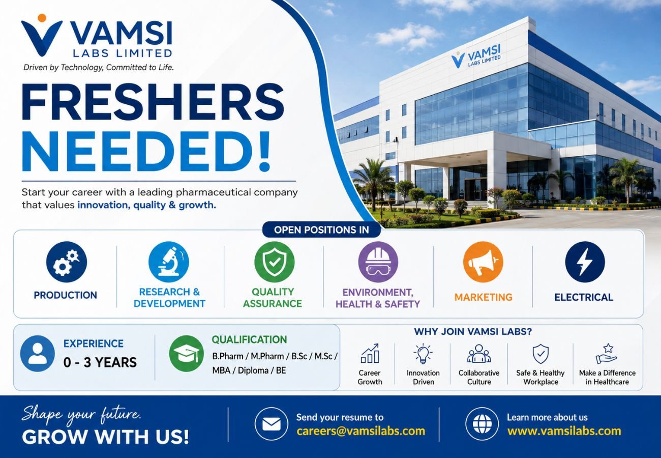 Freshers Needed In Production / Research & Development / Quality Assurance / Environment, Health & Safety / Marketing / Electrical At Vamsi Labs Ltd