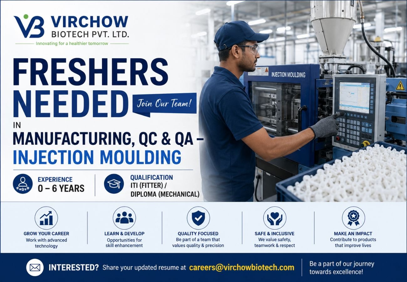 Freshers Needed In Manufacturing, QC & QA – Injection Moulding At Virchow Biotech Pvt