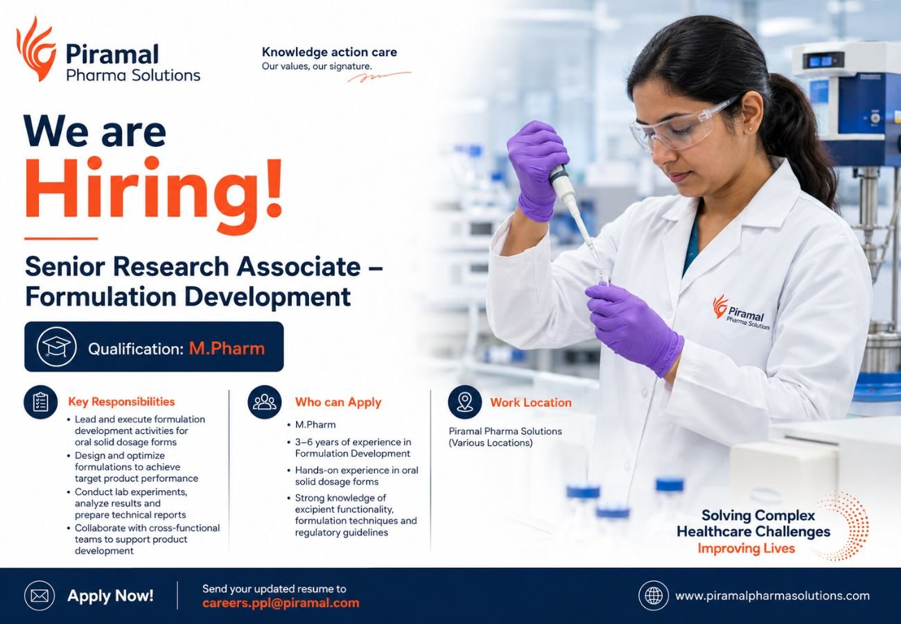 Piramal Pharma Hiring For Senior Research Associate – Formulation Development