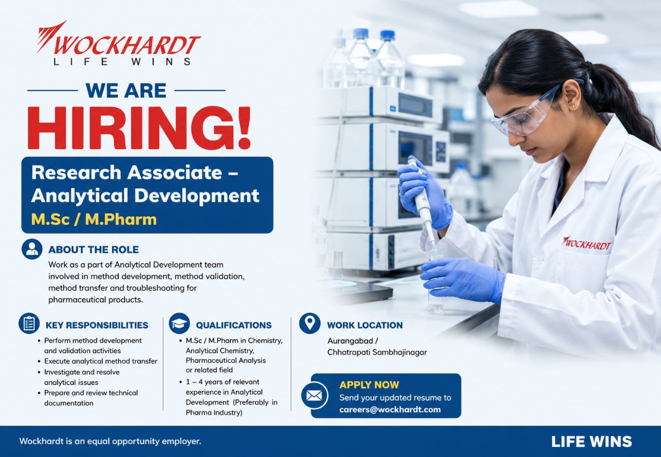 Wockhardt Hiring For Research Associate – Analytical Development