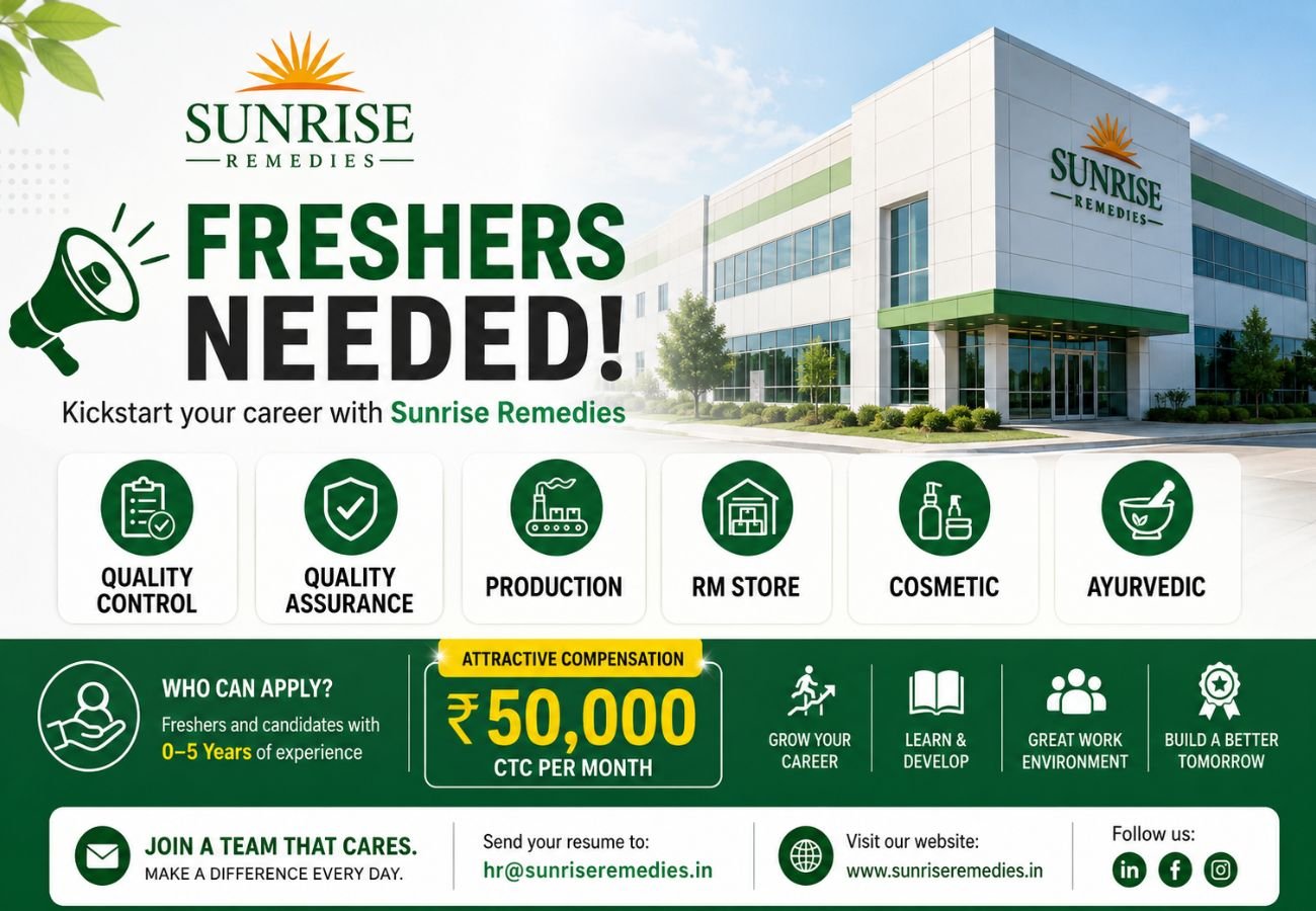 Freshers Needed In Quality Control, Quality Assurance, Production, RM Store, Cosmetic, and Ayurvedic At Sunrise Remedies