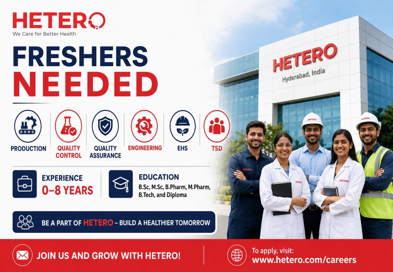 Freshers Needed In Production / Quality Control / Quality Assurance / Engineering / EHS / TSD At Hetero