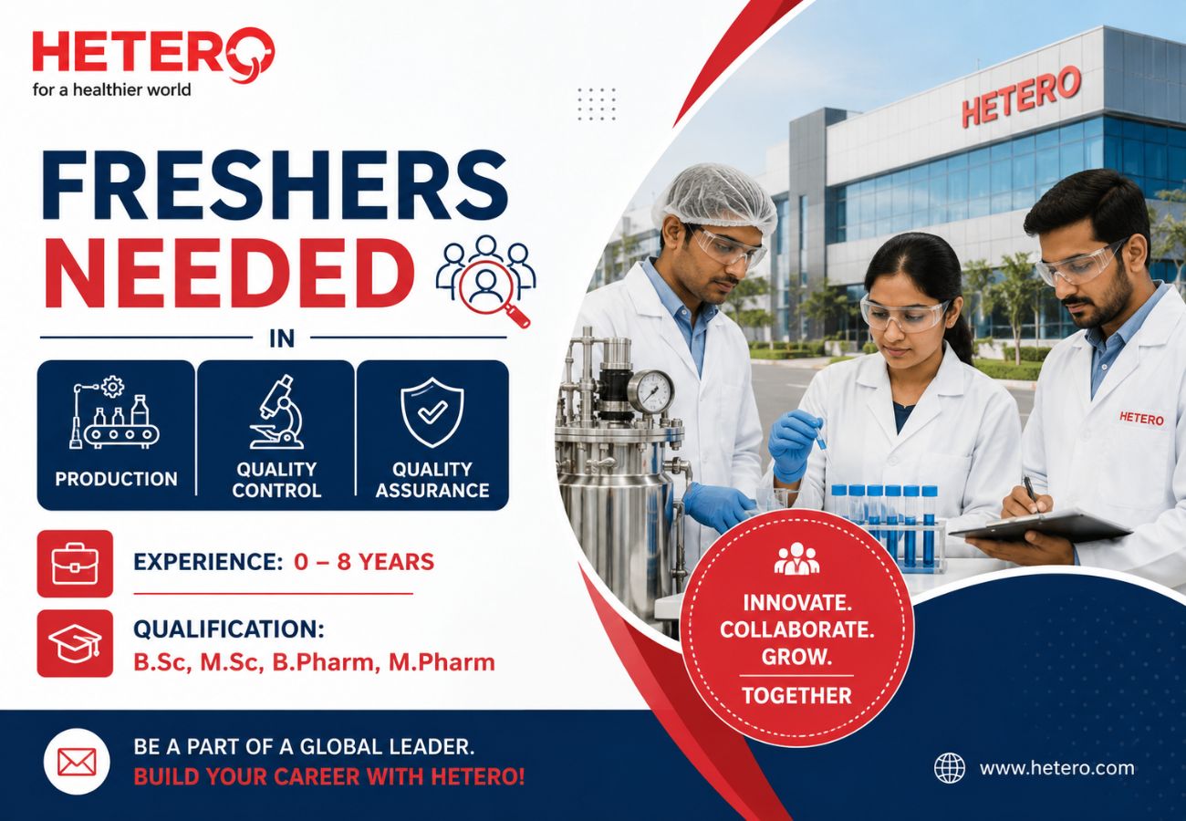 Freshers Needed In Production / Quality Control / Quality Assurance At Hetero