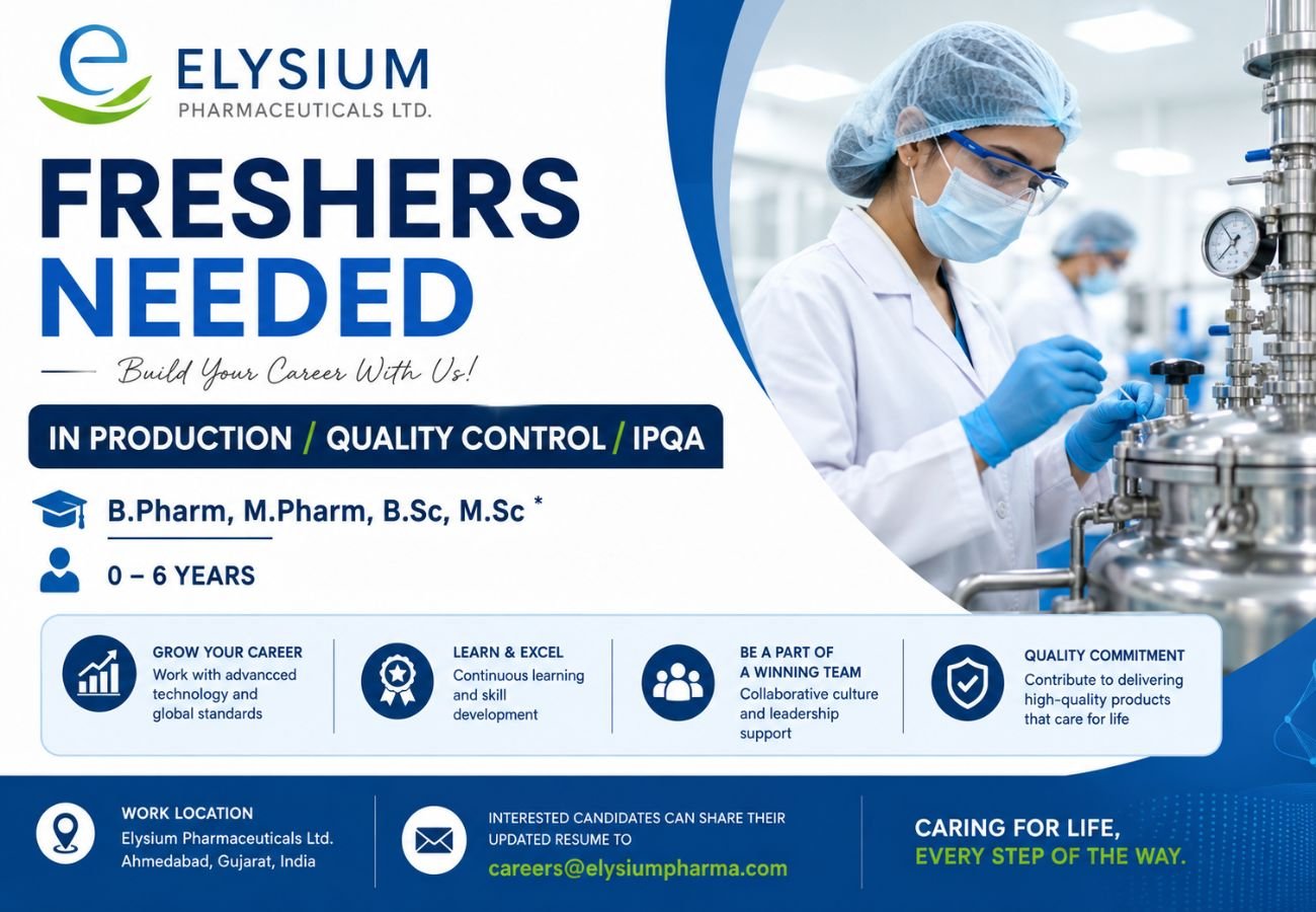 Freshers Needed In Production / Quality Control / IPQA At Elysium Pharmaceuticals Ltd