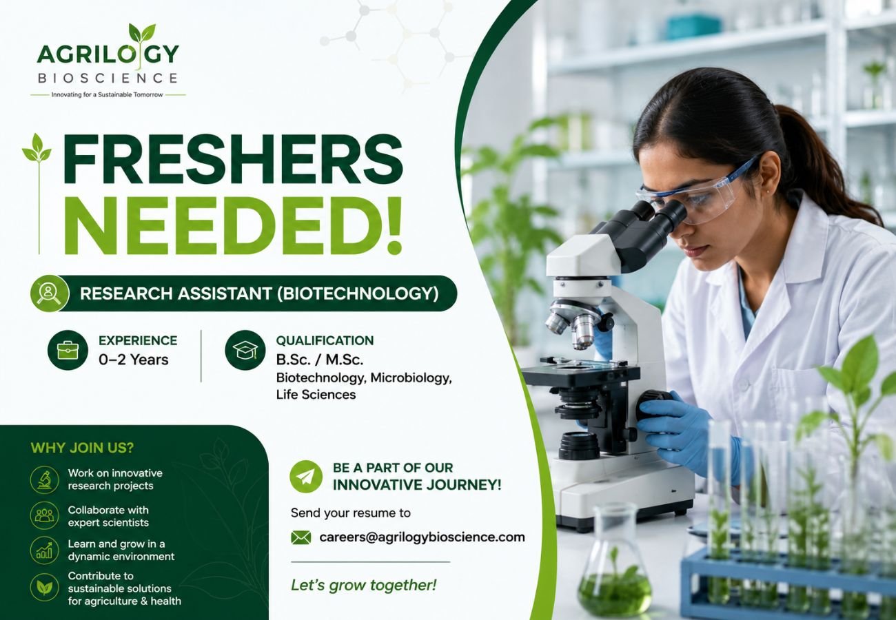 Freshers Needed In Research Assistant (Biotechnology) At Agrilogy Bioscience