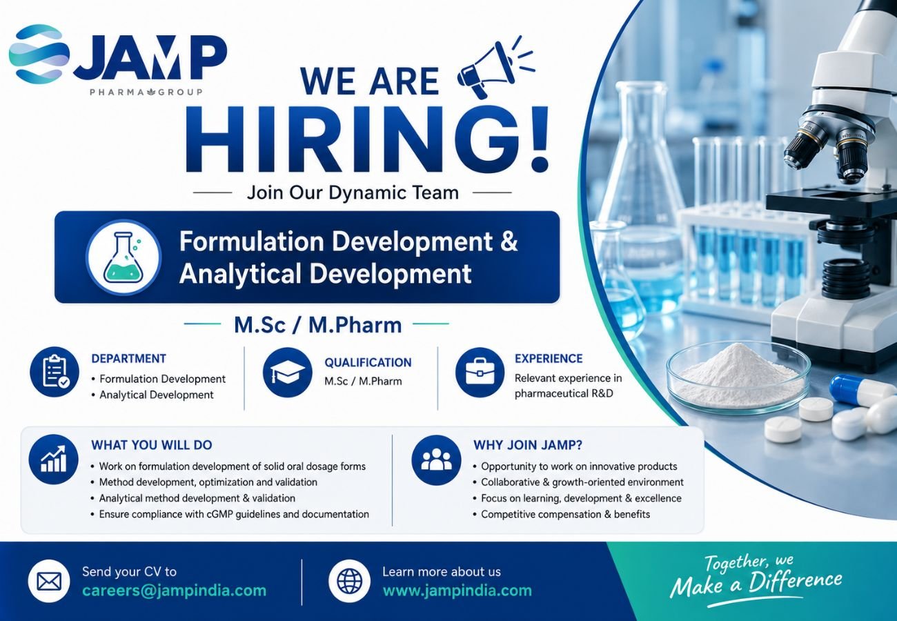 JAMP India Pharmaceuticals Hiring For Formulation Development & Analytical Development