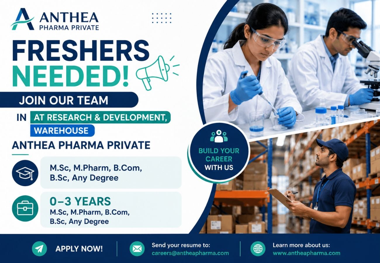Freshers Needed In At Research & Development, Warehouse Anthea Pharma Private