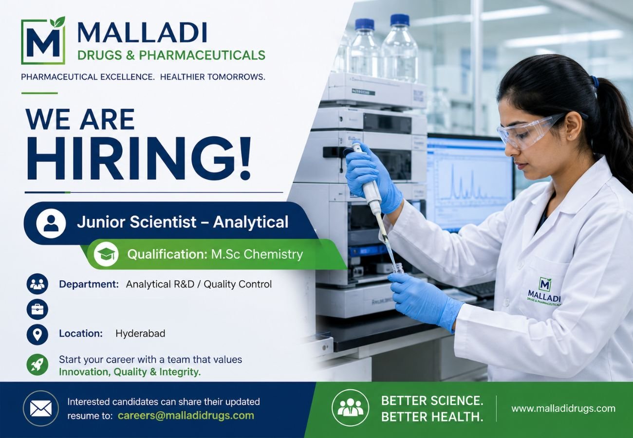 Malladi Drugs & Pharmaceuticals Hiring For Junior Scientist – Analytical