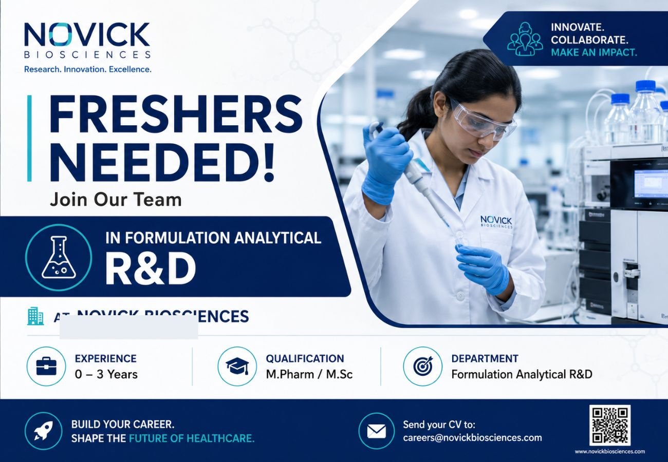 Freshers Needed In Formulation Analytical R&D At Novick Biosciences