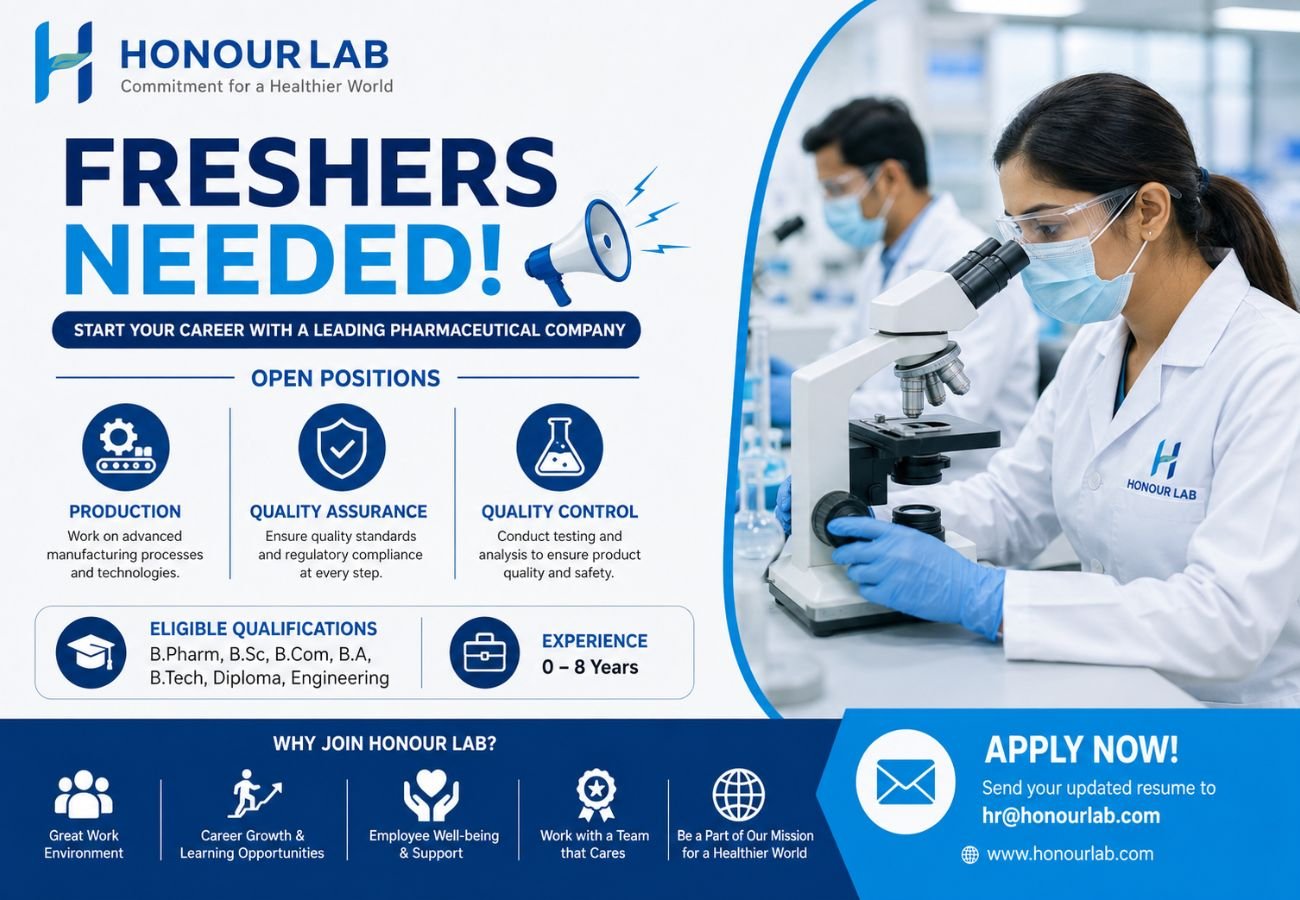 Freshers Needed In Production / Quality Assurance / Quality Control At Honour Lab