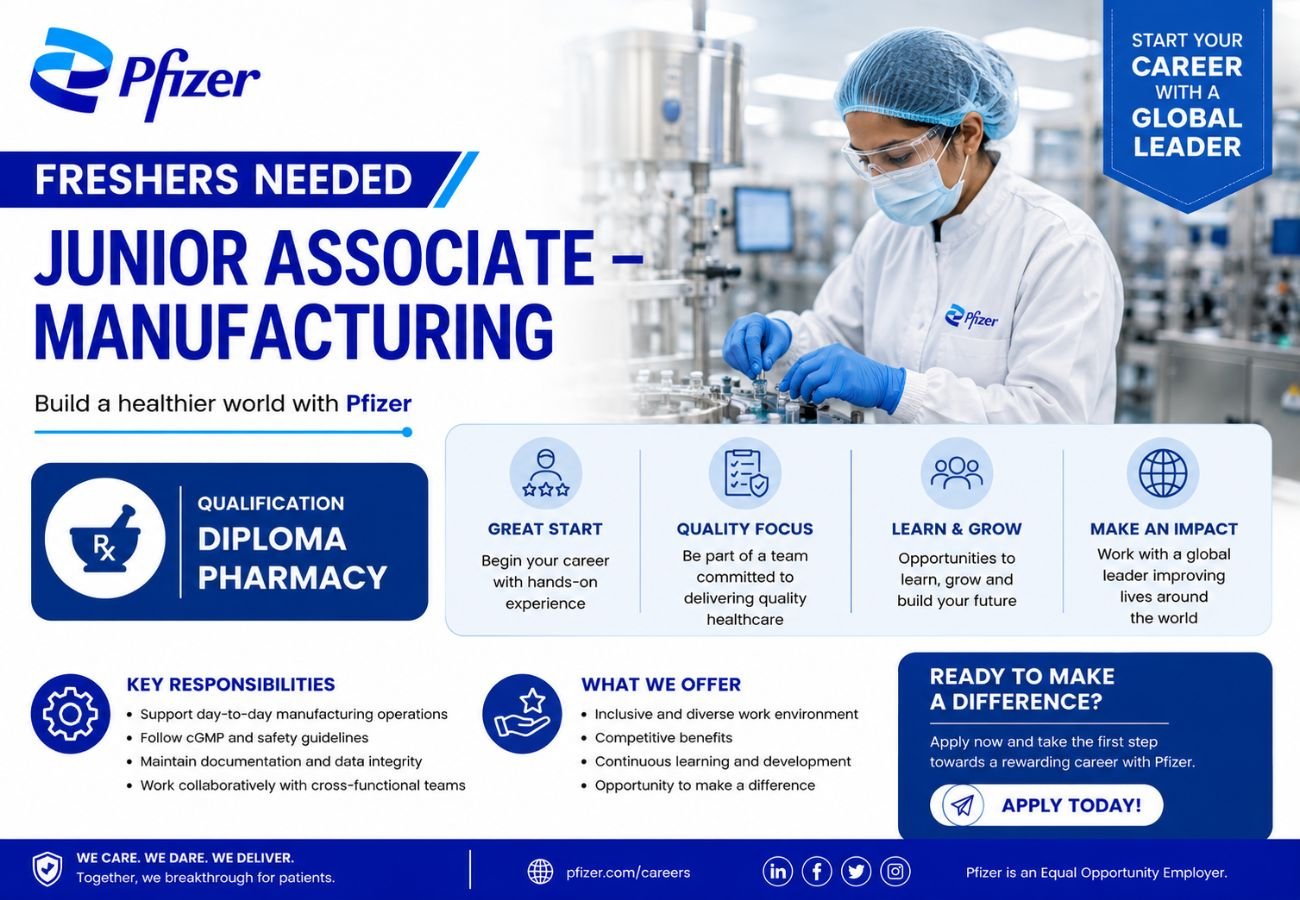 Freshers Needed In Junior Associate – Manufacturing At Pfizer Healthcare