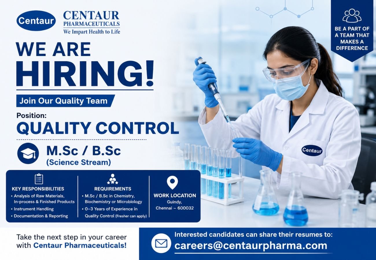 Centaur Pharmaceuticals Hiring For Quality Control