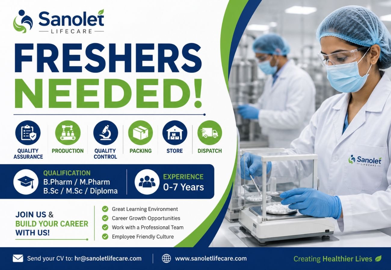 Freshers Needed In Quality Assurance / Production / Quality Control / Packing / Store / Dispatch At Sanolet Lifecare