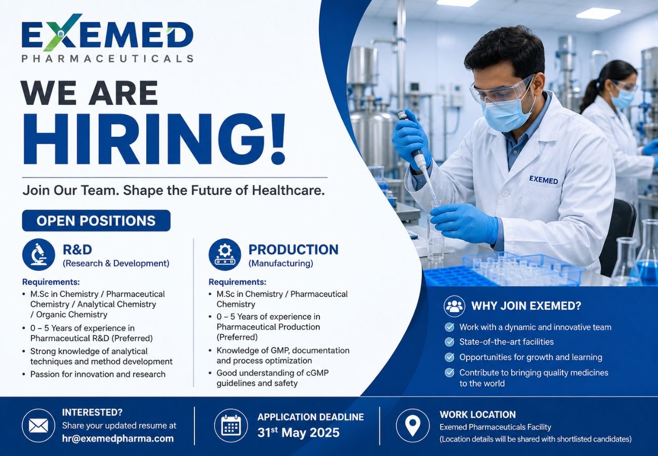 Exemed Pharmaceuticals Hiring For R&D and Production