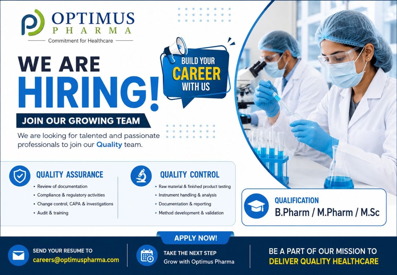 Optimus Pharma Hiring For Quality Assurance & Quality Control