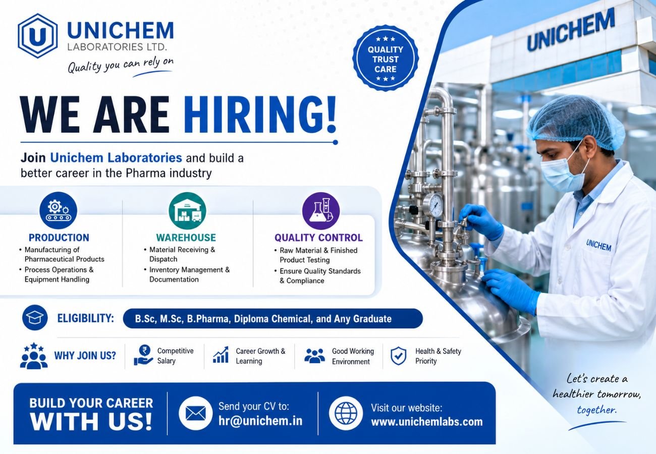 Unichem Laboratories Hiring For Production / Warehouse / Quality Control