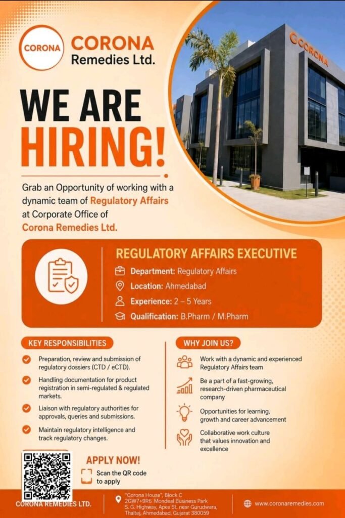 Corona Remedies Hiring For Regulatory Affairs Executive