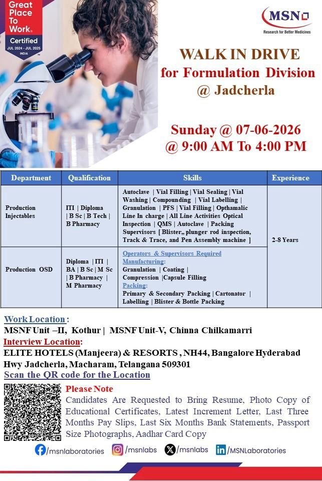 1780310807714 MSN Laboratories Hiring For Production Injectables & Production OSD
