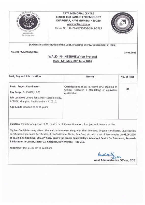 Tata Memorial Centre Hiring For Project Coordinator