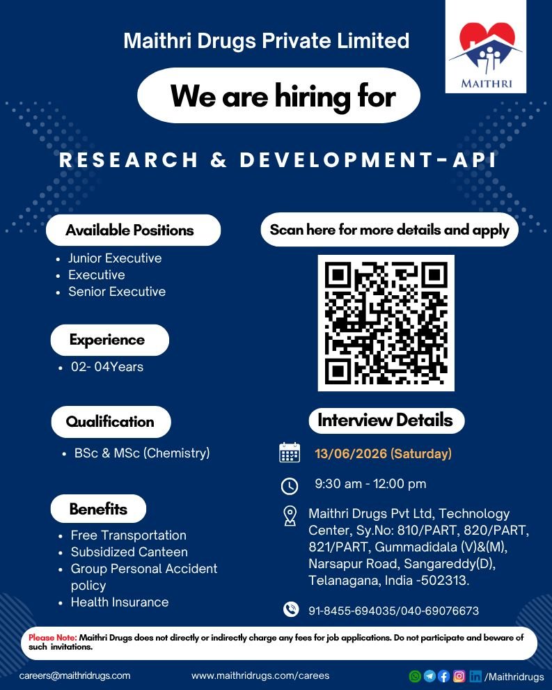 Maithri Drugs Private Hiring For Research & Development (API)