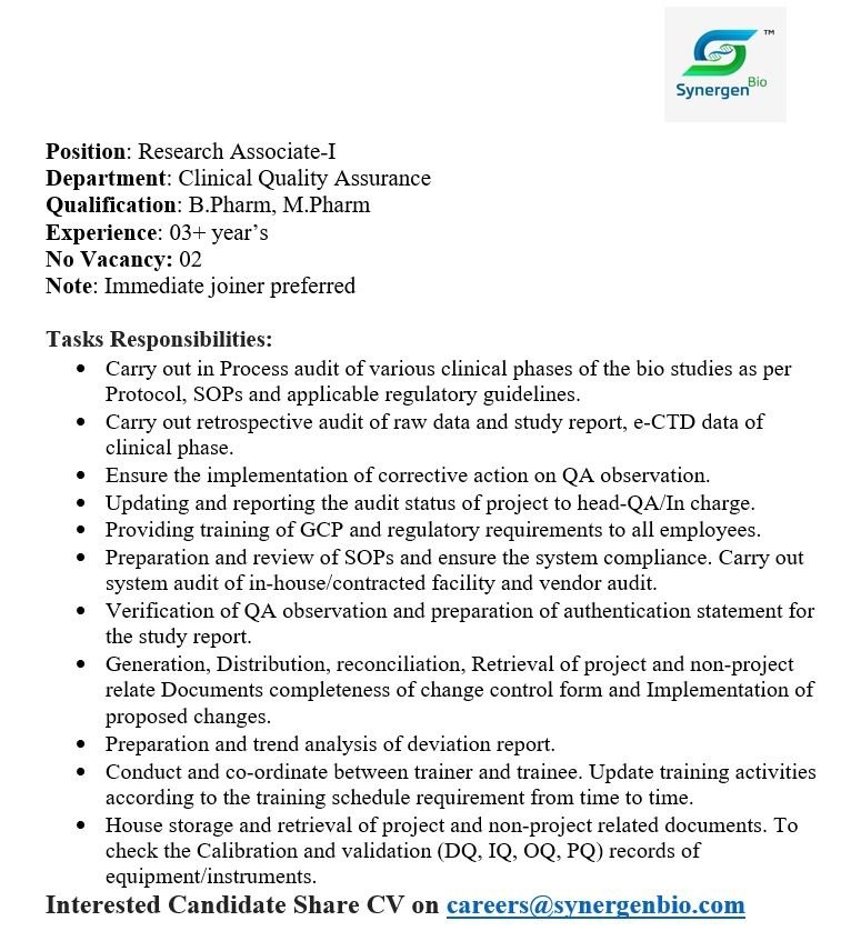 Synergen Bio Hiring For Clinical Quality Assurance
