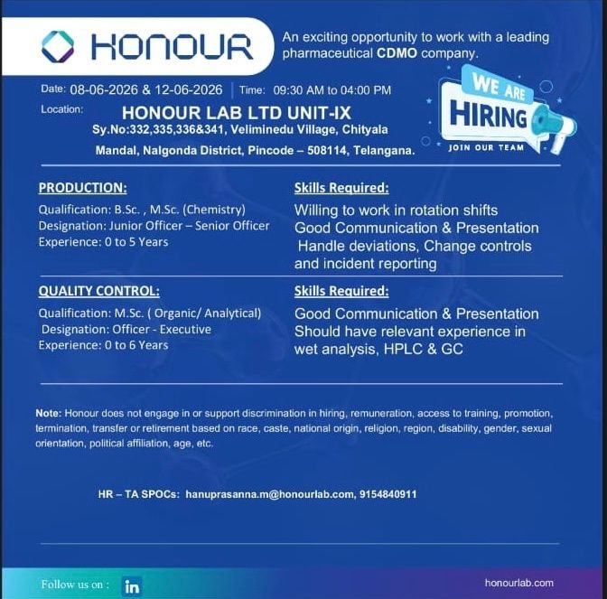 Freshers Needed In Production / Quality Control At Honour Lab Ltd
