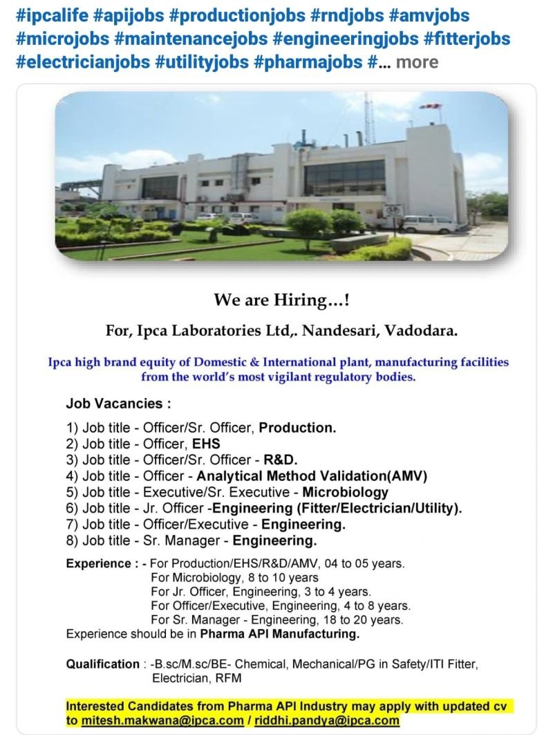 1780661716800 Ipca Laboratories Hiring For Production / Research & Development / Analytical Method Validation / Microbiology / EHS / Engineering