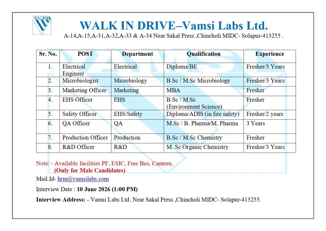 Freshers Needed In Production / Research & Development / Quality Assurance / Environment, Health & Safety / Marketing / Electrical At Vamsi Labs Ltd