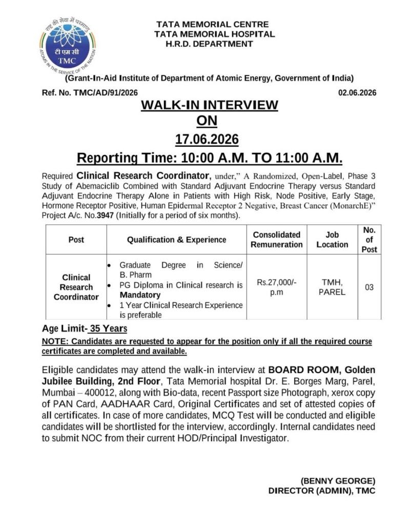 Tata Memorial Centre Hiring For Clinical Research Coordinator