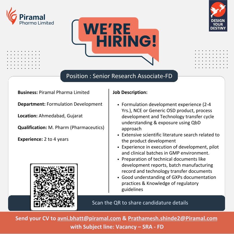 Piramal Pharma Hiring For Senior Research Associate – Formulation Development