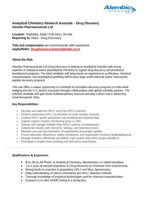 Alembic Pharmaceuticals Hiring For Drug Discovery
