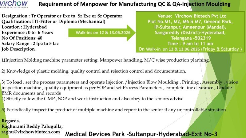 Freshers Needed In Manufacturing, QC & QA – Injection Moulding At Virchow Biotech Pvt