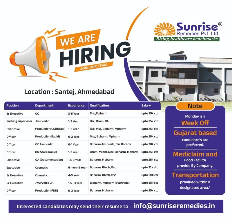 1781086135713 Freshers Needed In Quality Control, Quality Assurance, Production, RM Store, Cosmetic, and Ayurvedic At Sunrise Remedies