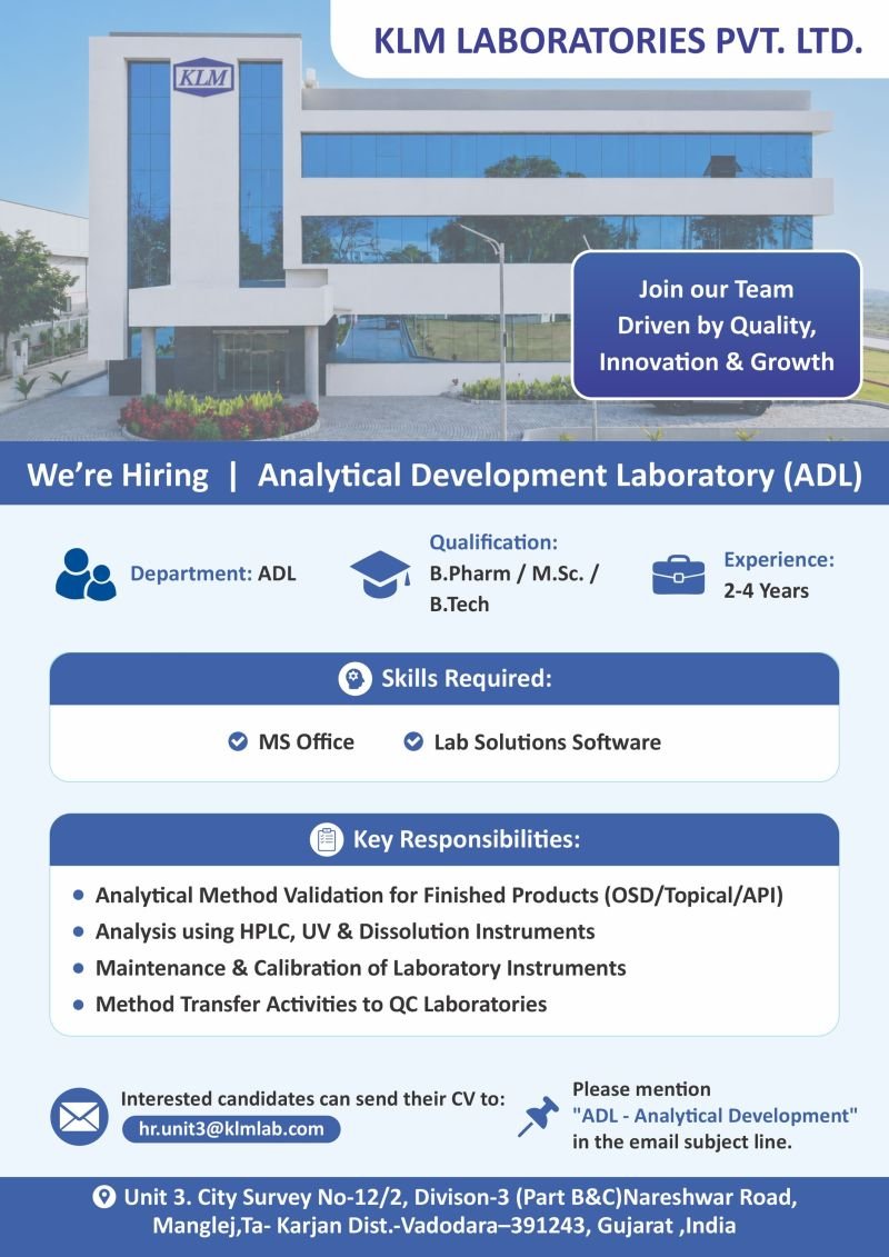 KLM Laboratories Hiring For Analytical Development Laboratory