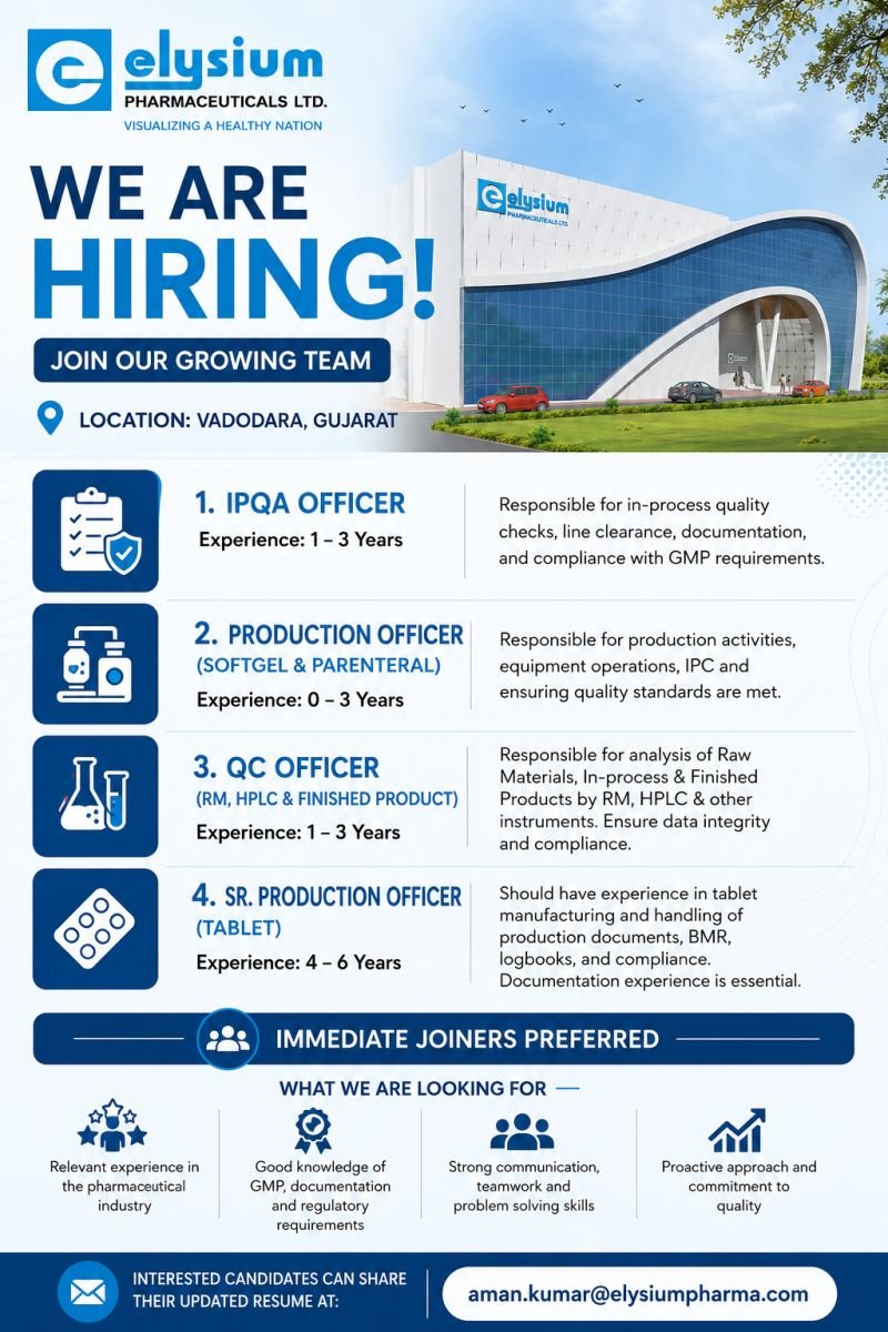 1781337052101 Freshers Needed In Production / Quality Control / IPQA At Elysium Pharmaceuticals Ltd