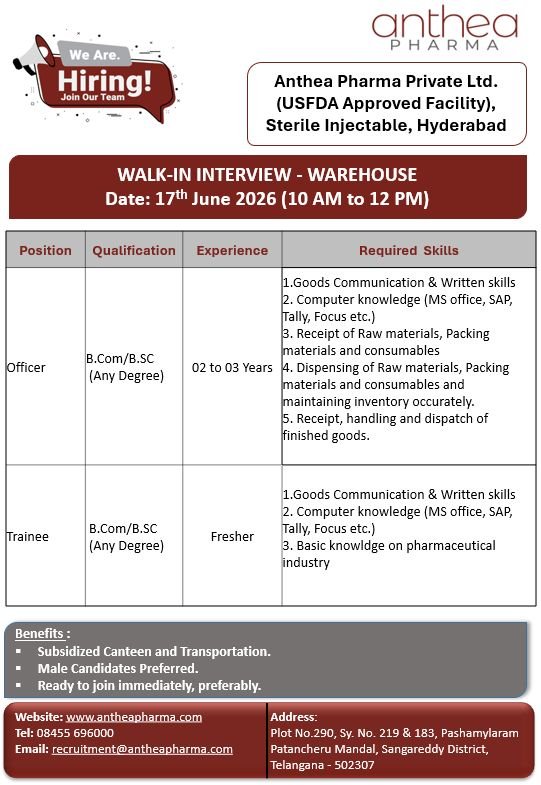 1781500208161 Freshers Needed In At Research & Development, Warehouse Anthea Pharma Private