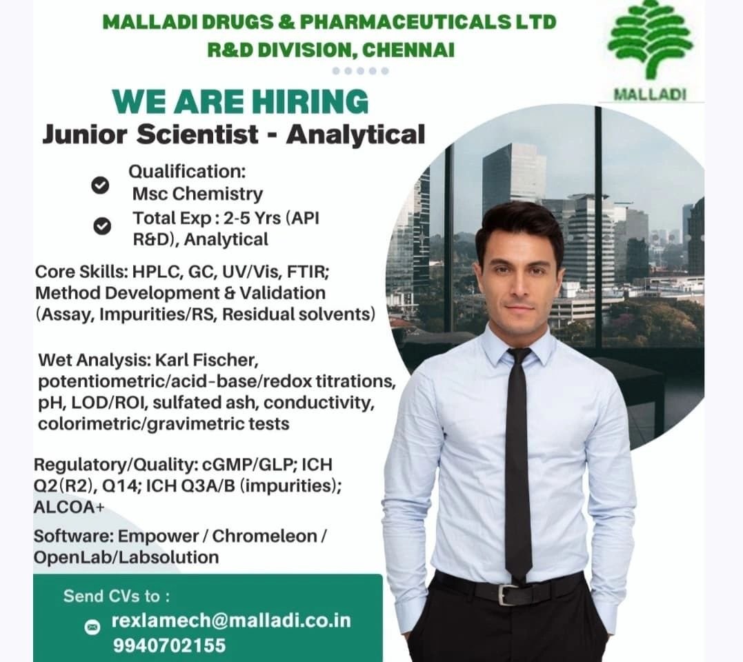 Malladi Drugs & Pharmaceuticals Hiring For Junior Scientist – Analytical