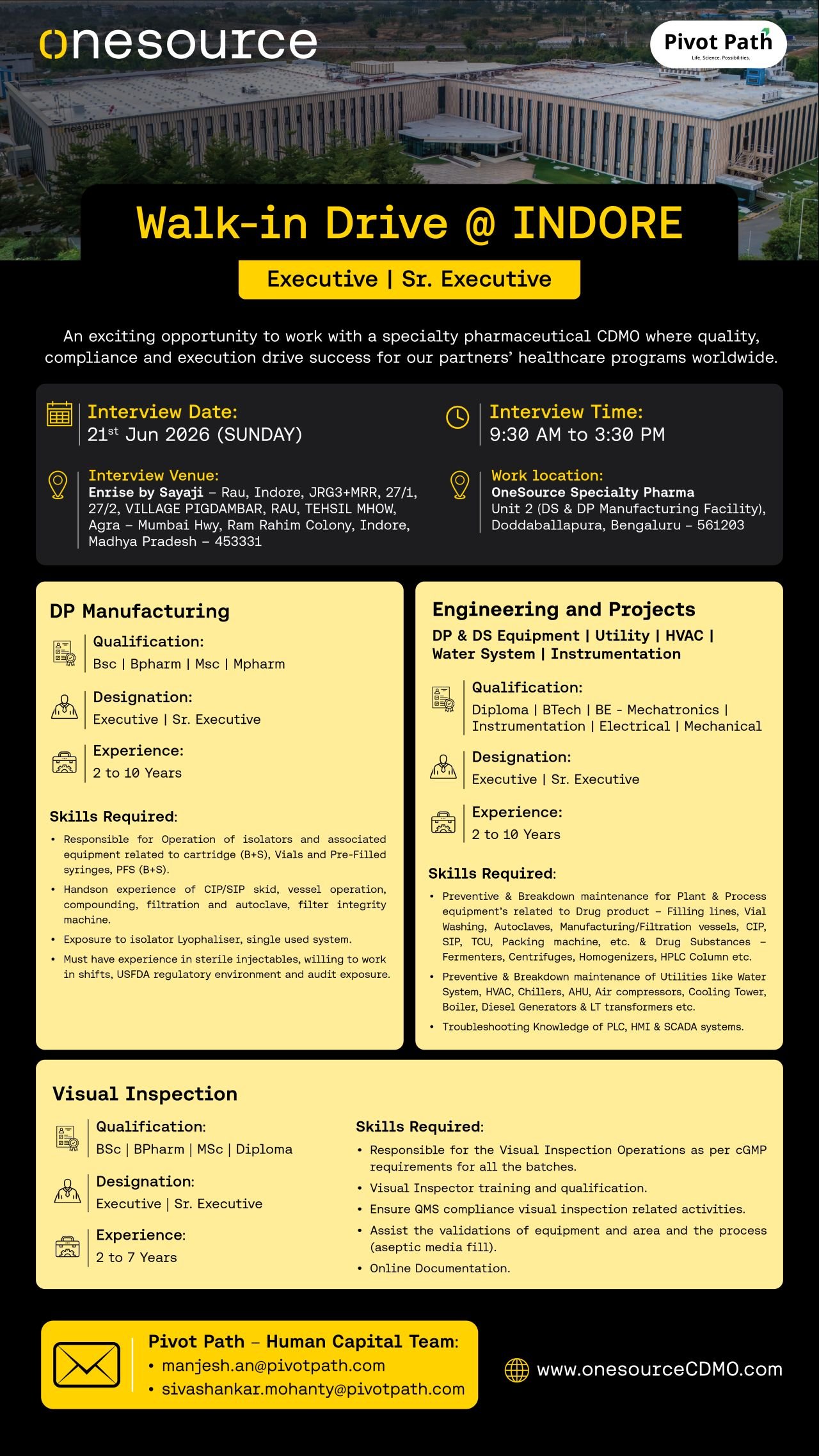 1781520849647 OneSource Specialty Pharma Hiring For Drug Product Manufacturing / Engineering & Projects / Visual Inspection